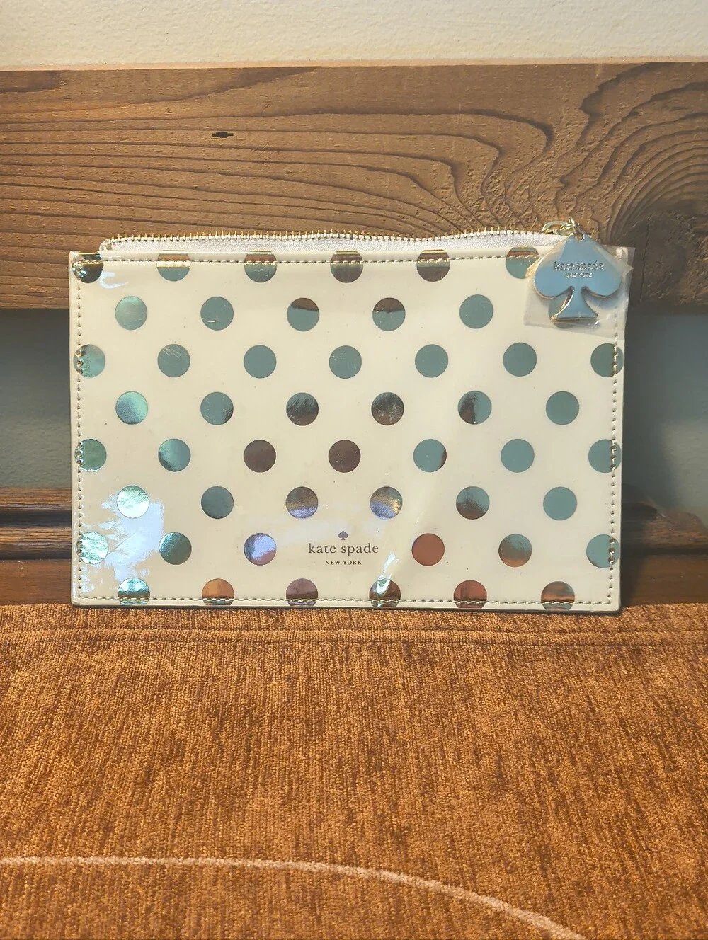 NWOT Kate Spade Pencil Pouch Polka Dot Cosmetic Case Travel Cream Gold w/Ruler